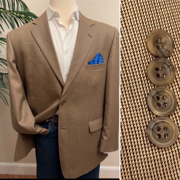 STAFFORD EXECUTIVE SILK WOOL BLAZER SIZE 44 TAN CHECK SPORT COAT SUIT JACKET